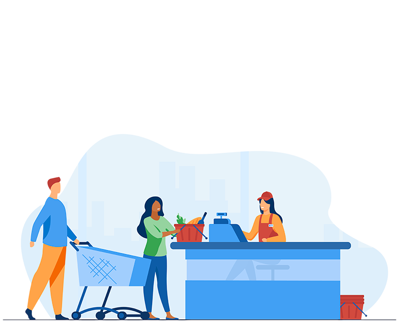 Illustration of a cashier assisting a customer at a checkout counter, highlighting a POS system in a retail setting